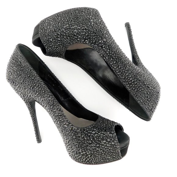 GUCCI Black Crystal Encrusted Open Toe Pumps 36.5 - Picture 4 of 10